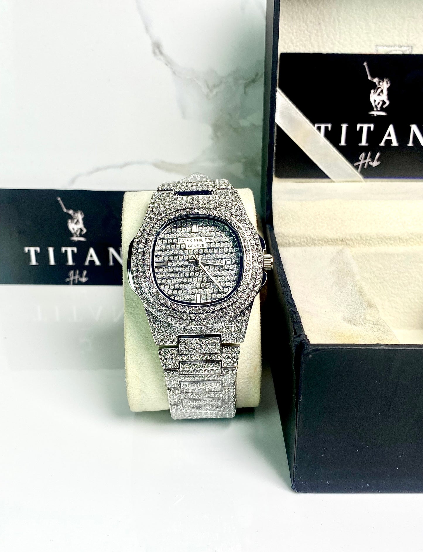 Iced out silver crystal PP chain watch -PAT