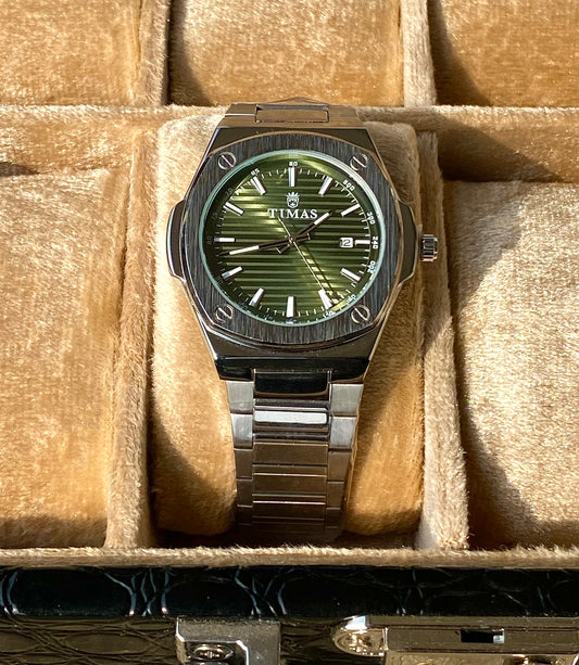 Green dial silver chain watch