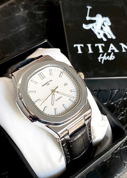 Exquisite Martin White Dial Silver Black leather Watch ⌚️