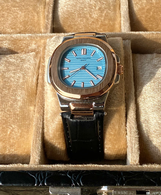 Tiffany dial Silverxgold black leather strap watch -PAT