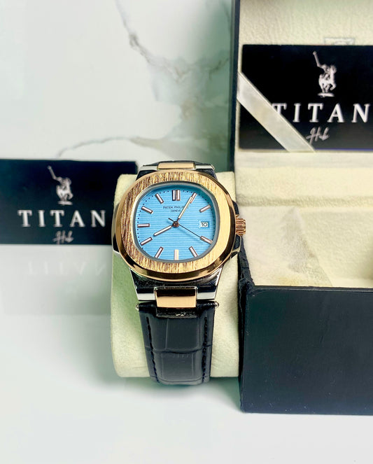 Tiffany dial Silverxgold black leather strap watch -PAT