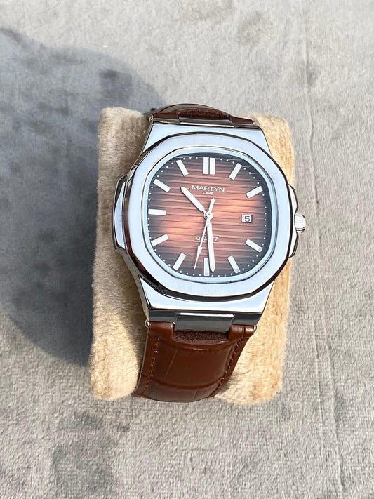 Exquisite Martin Brown Dial Silver Brown leather Watch ⌚️