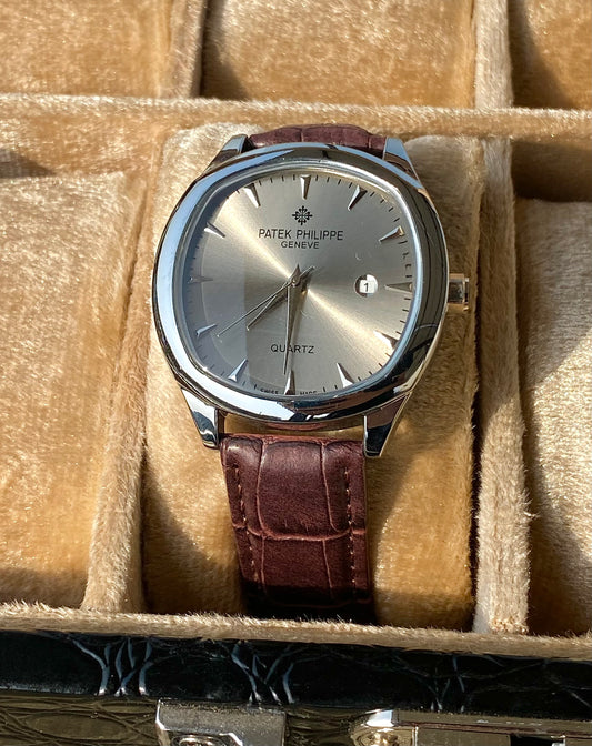 Gun metallic dial brown leather strap watch -PAT