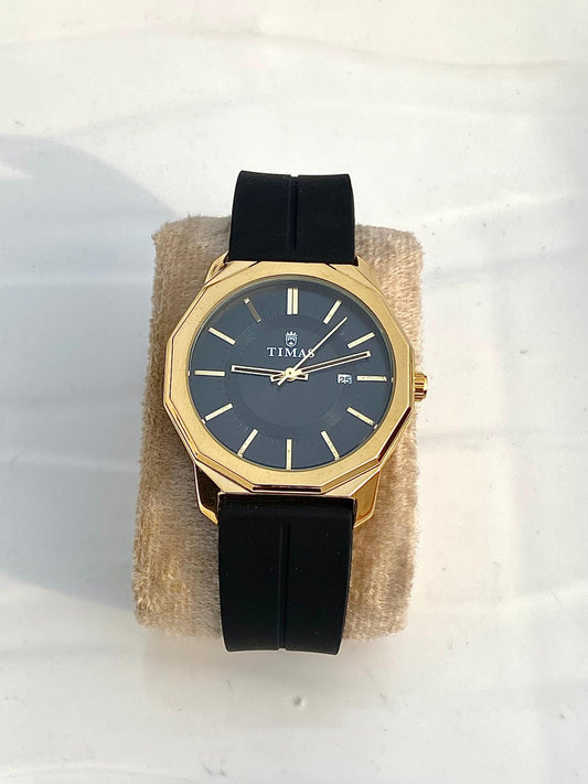 Classic Black Dial Gold Hardware Black Silicon Strap Watch ⌚️