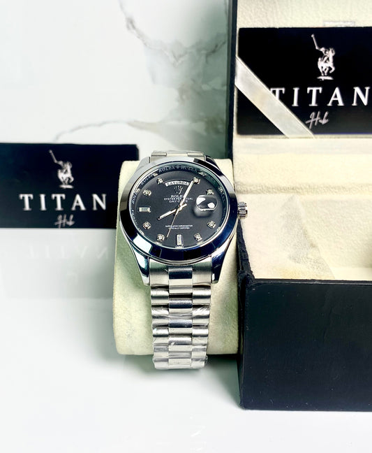 Silver chain black dial watch RLX-DATE & DAY