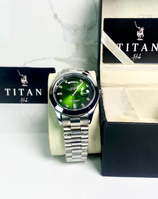 Silver chain emerald dial watch RLX-DATE & DAY