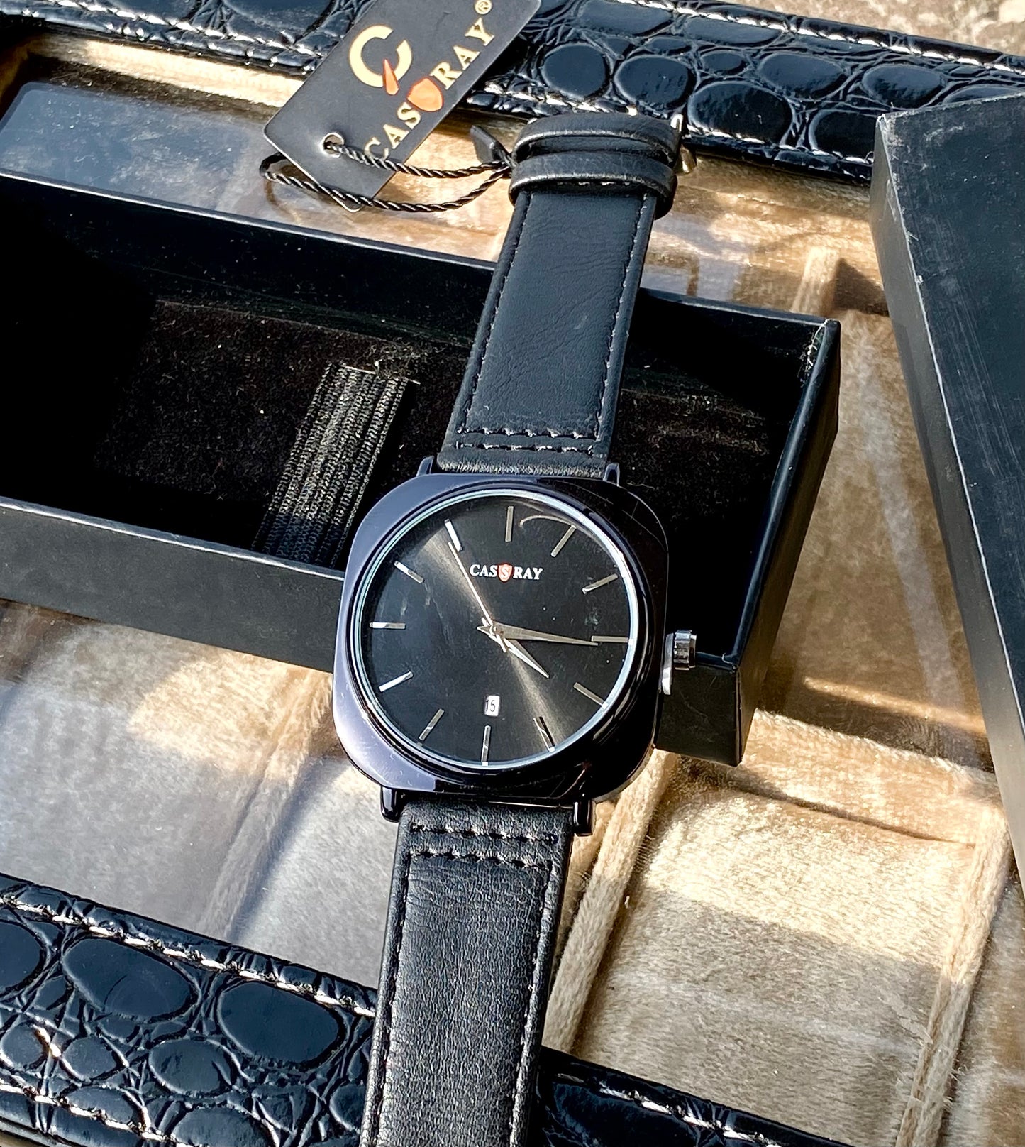 Premium black dial black leather strap watch