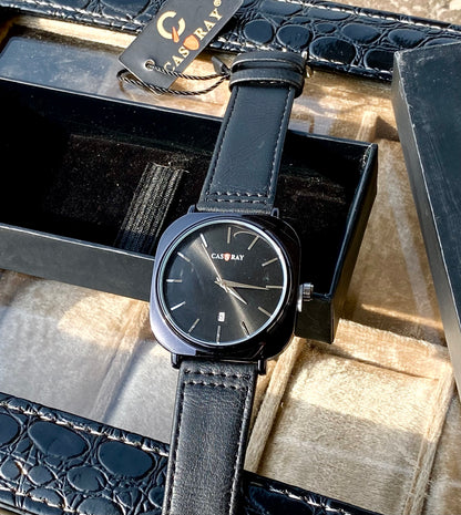 Premium black dial black leather strap watch