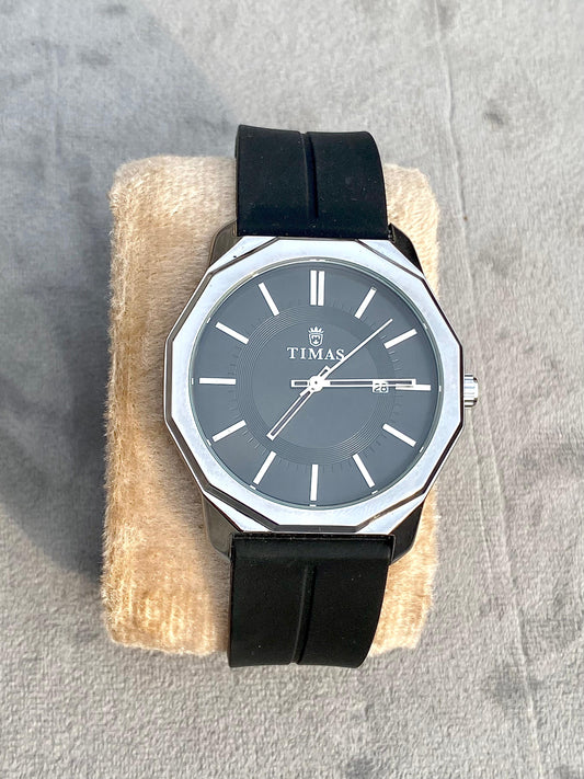 Classic Black Dial Silver  Hardware Black Silicon Strap Watch ⌚️