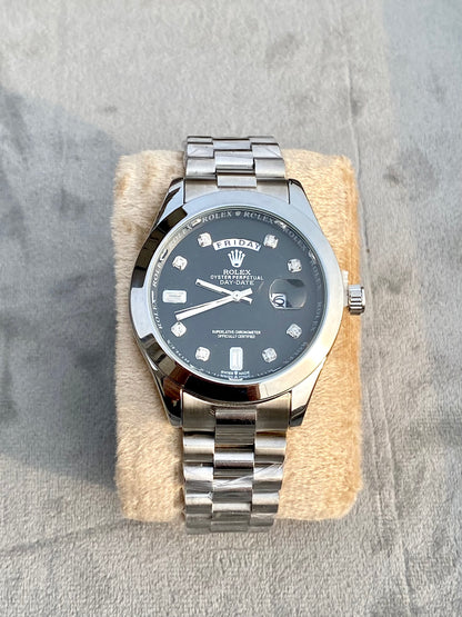 Silver chain black dial watch RLX-DATE & DAY