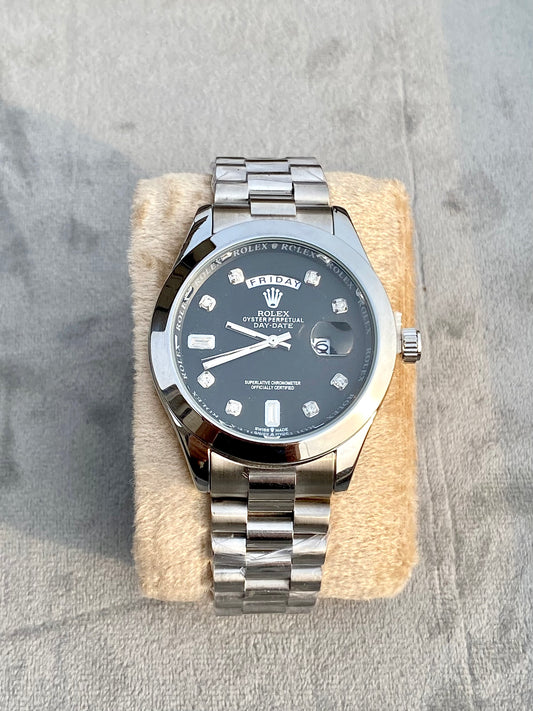 Silver chain black dial watch RLX-DATE & DAY