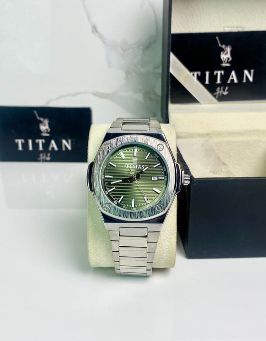 Green dial silver chain watch