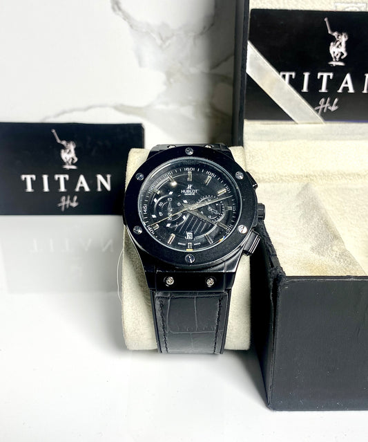 Classic Black Dial  Black Leather Strap Watch ⌚️HUB