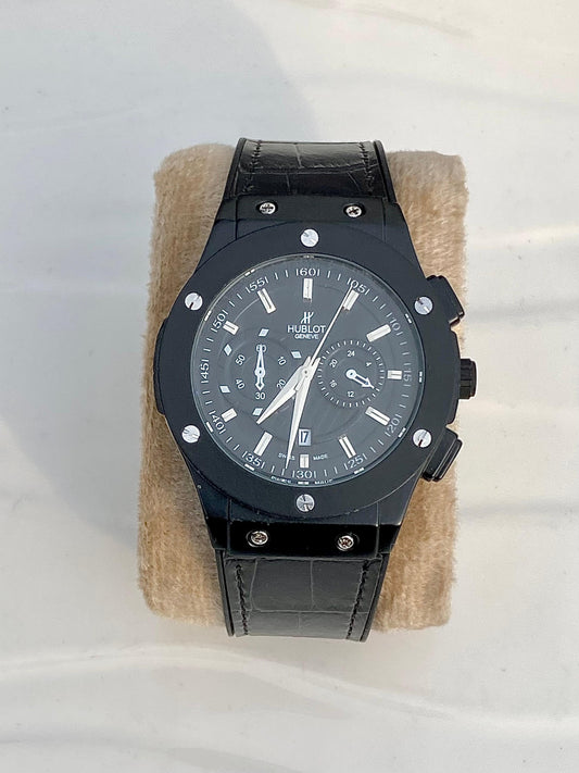 Classic Black Dial  Black Leather Strap Watch ⌚️HUB