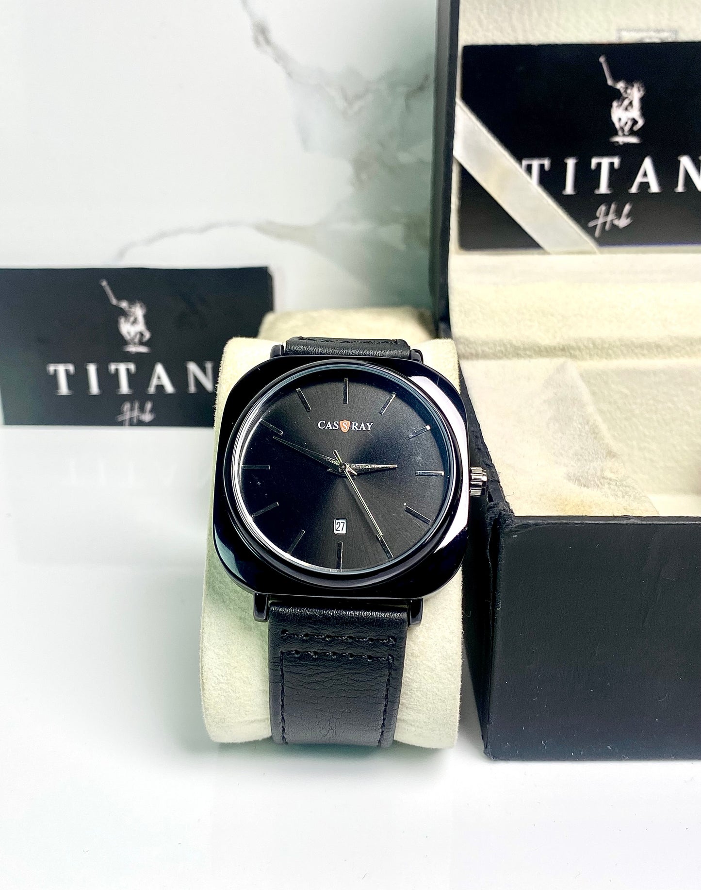 Premium black dial black leather strap watch