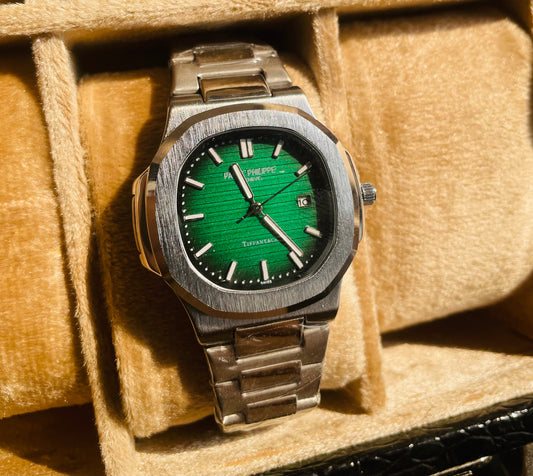 Stainless steel Silver PAT Emerald Black Chain Watch ✨